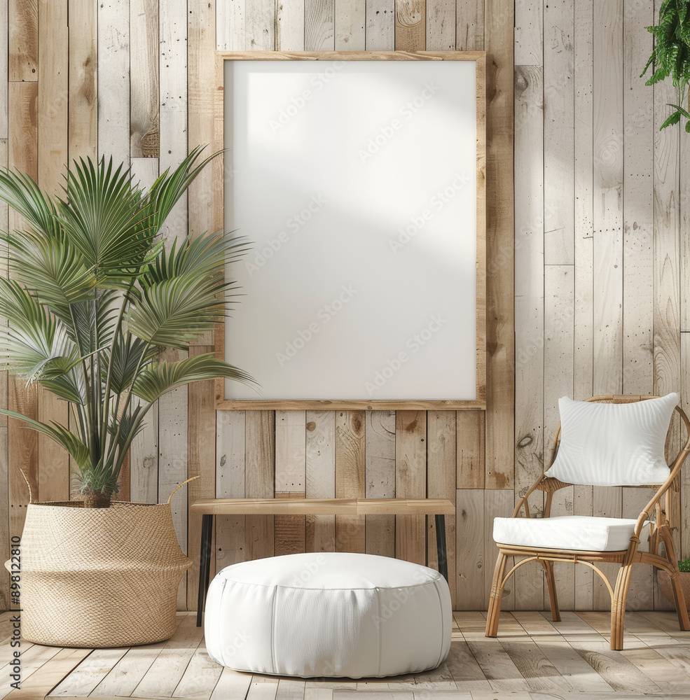 Wall mural minimalist living room interior with a wooden frame plants and a