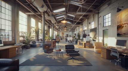 high-ceiling industrial space reimagined as a stylish office with contemporary furniture and artistic installations