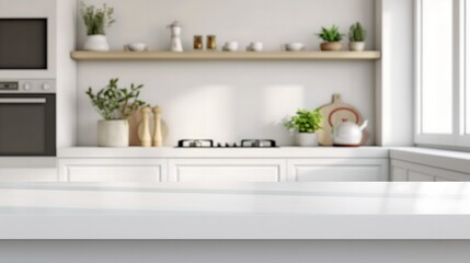 Fototapeta premium Modern Kitchen Podium with White Tones for Product Display: Sleek Indoor Platform Ideal for Advertising Posters, Backgrounds, and Banners