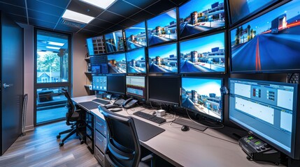 Naklejka premium high-definition security monitoring center where advanced surveillance technology is used to enhance public safety and prevent crime
