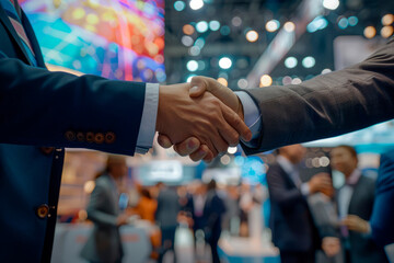 Business handshake at trade show with colorful backdrop