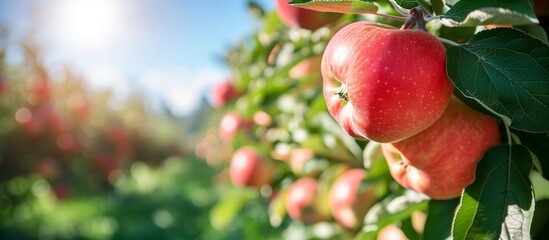 Ripe red apples on a tree branch in an apple orchard, bathed in warm sunlight. Concepts. harvest, autumn, healthy food, agriculture.