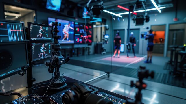 high-definition sports performance lab where athletes undergo biomechanical analysis using sensors and high-speed cameras