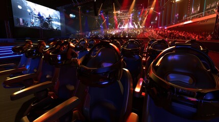 high-definition virtual concert venue where fans watch live performances through VR headsets from anywhere in the world
