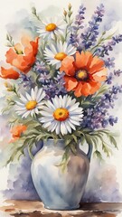 A watercolor rustic ceramic vase filled with a mix of wildflowers daisies poppies lavender in soft pastel hues