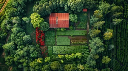 Top view of agroforestry row of mixed plant and fruit plantation in cultivated land at countryside. Generated AI farming concept