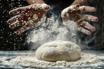 Obraz premium Hands Kneading Dough with Flour Splash on Black Background - Baking Concept CloseUp