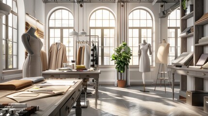high-end fashion design studio and office, with mannequins, fabric swatches, and a stylish workspace for sketches