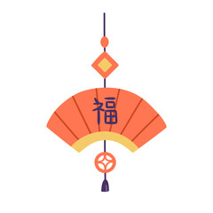 Chinese fan-shaped decoration. Traditional oriental ornament with tassel. Good fortune, text translation. China decor. Asian holiday element. Flat vector illustration isolated on white background