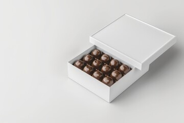 Mockup of chocolate box with candies inside, on white background, branding