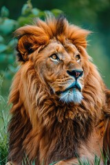 Fototapeta premium Portrait of a lion in nature. Selective focus.