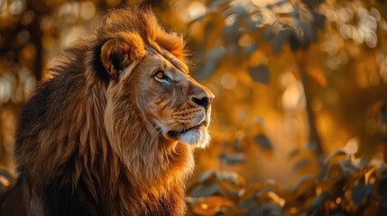 Fototapeta premium Portrait of a lion in nature. Selective focus.