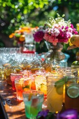 Various cocktails with berries and fruits in the garden. Selective focus.