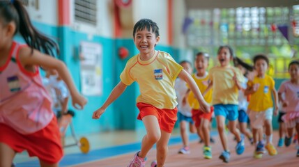 Asian Kids Playing Indoors During School Physical Education