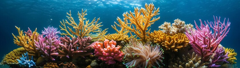 Fototapeta premium Vibrant Underwater World: Colorful Corals Swaying in the Sea with Deep Depth of Field, Focus Covering All Objects, Copy Space Available