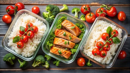 Fresh, healthy meals in three glass containers with grilled salmon, white rice, steamed broccoli, and juicy cherry tomatoes.