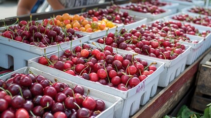 cherry in boxes on the store counter. Selective focus.