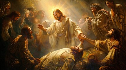 Jesus healing a blind man surrounded by divine light