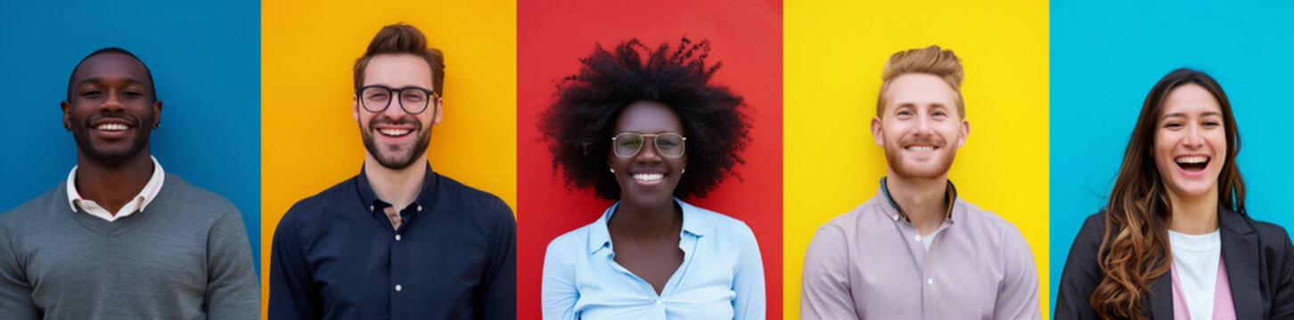 5 different people smiling, standing and sitting in front of colorful background,