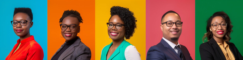5 different people smiling, standing and sitting in front of colorful background,