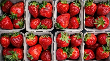 Strawberries in boxes on the store counter. Selective focus.