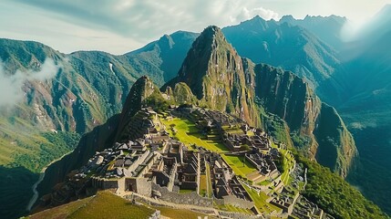 Bird's-eye perspective of Machu Picchu, ancient ruins, lush mountains, clear sky, ample space for copy