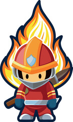 Brave fireman holding axe standing in front of fire illustration