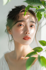 Fototapeta premium 自然光の中に立つ女性の美しいポートレート