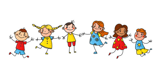 Hand drawn children illustrations doodles and sketches of happy, smiling kids. Cartoon style characters cheerful scenes of friendship and fun. Ideal for educational and preschool settings. Not AI.