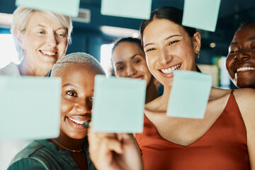 Office, meeting and glass wall for teamwork, planning and sticky notes with smile for report....