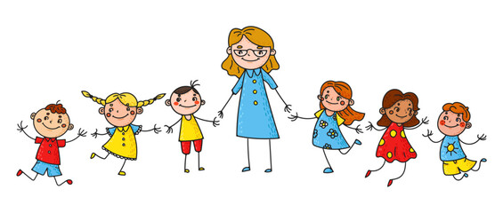 Hand drawn children with teacher doodles and sketches of happy, smiling kids. Cartoon style characters cheerful scenes of friendship and fun. Ideal for educational and preschool settings. Not AI.