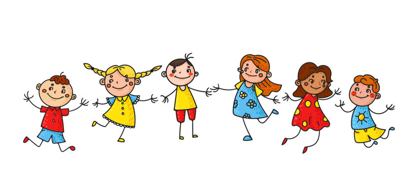 Hand drawn children illustrations doodles and sketches of happy, smiling kids. Cartoon style characters cheerful scenes of friendship and fun. Ideal for educational and preschool settings. Not AI.