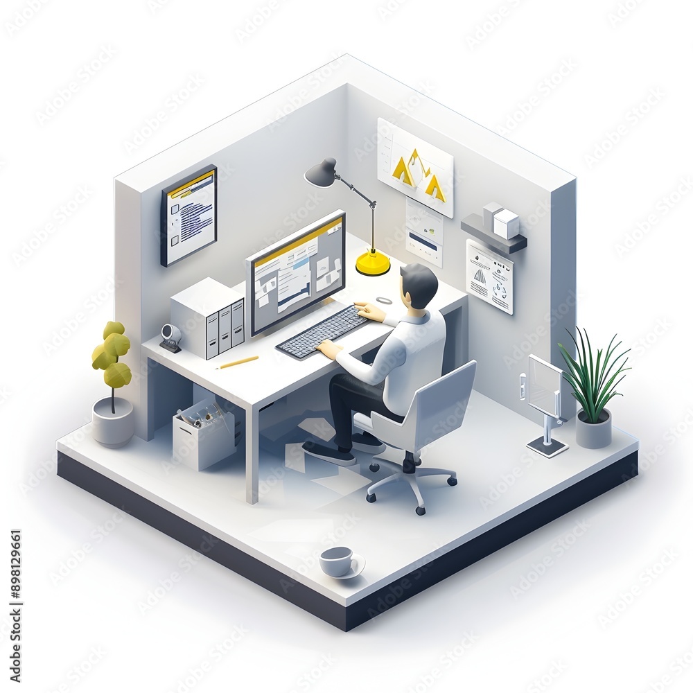 Poster isometric pixel art home office workspace with computer user making decisions