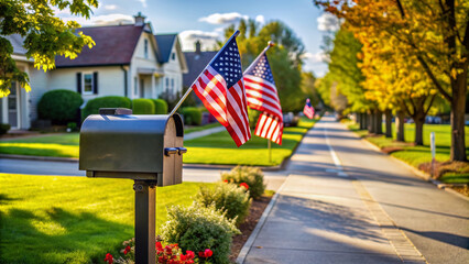 A singular mailbox stands alone on a quiet suburban street, adorned with patriotic flags, awaiting the arrival of an important election ballot envelope.