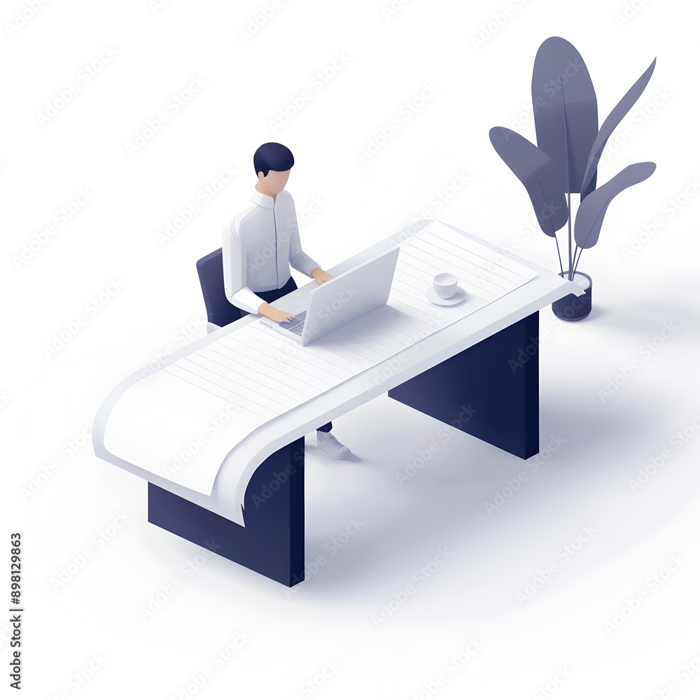 Poster isometric view of minimalist workspace with laptop on paper document table