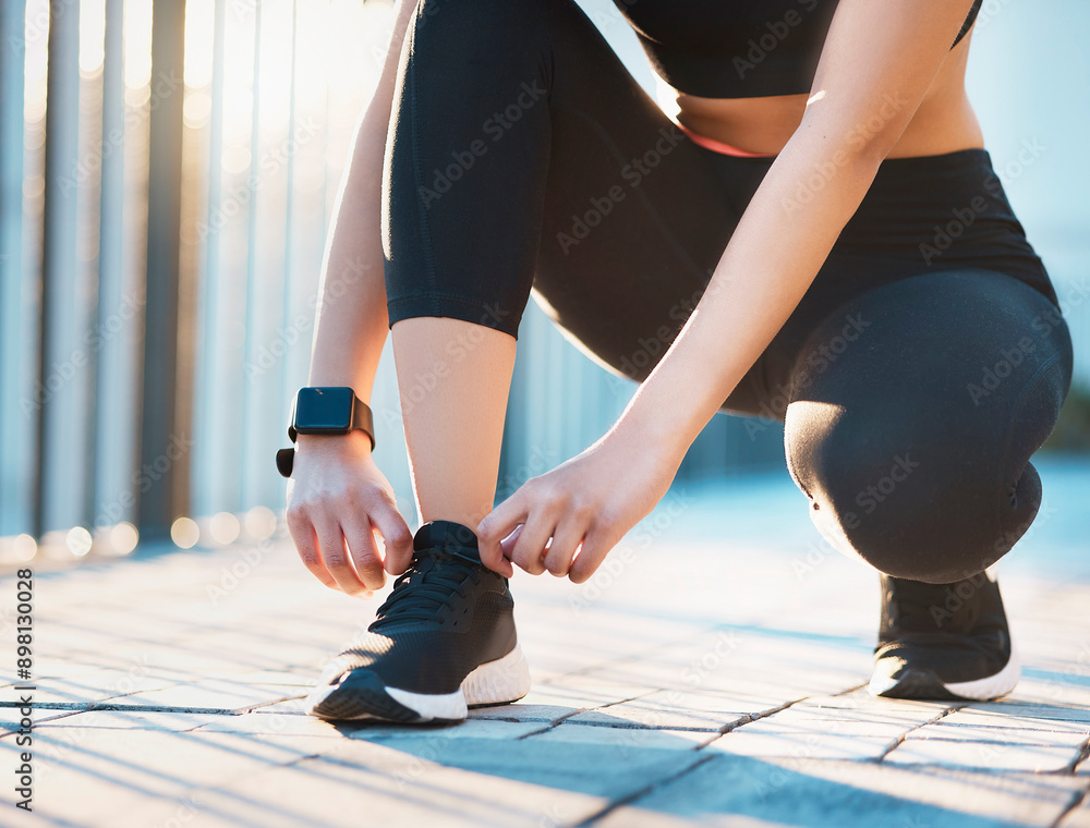 Canvas Prints Fitness, woman and hands with laces on floor for outdoor sports, exercise and preparing for workout. City, smart watch and female person with shoes for wellness, cardio and training for marathon