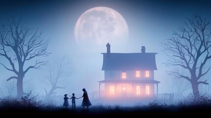 Kids trickortreating under a full moon focus on, magical night, ethereal, Multilayer, suburban street