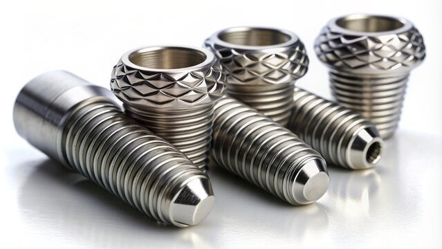 Close-up of small, intricately designed titanium dental implants with subtle grooves and threads against a clean, white, clinical background.