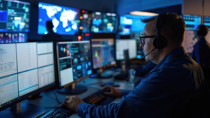 high-tech customer service center with agents using multiple screens to manage real-time customer support across platforms