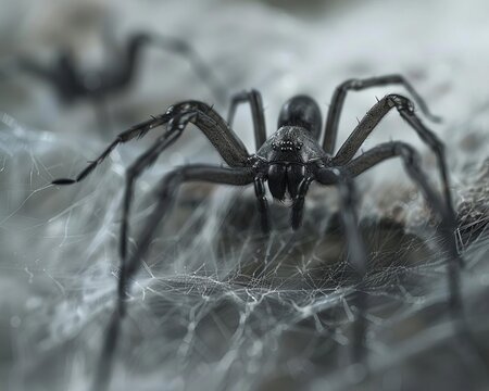 Fake spiders crawling on a web close up, creepy crawlers, realistic, Fusion, corner of a room