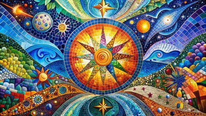 Vibrant abstract mosaic artwork showcases diverse shapes and colors converging upwards, evoking unity, hope, and ascension in a celestial landscape.