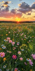 Obraz premium Native prairie restoration, wildflowers, sunset, bird's-eye view, biodiversity increase, vibrant colors, wide-angle shot