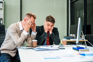 An Italian male and a Caucasian male, both in formal suits, sit at a business desk in an office...