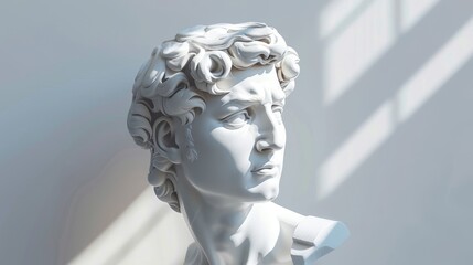 A close-up of a white marble bust sculpture, illuminated by soft sunlight, creating a dramatic contrast.