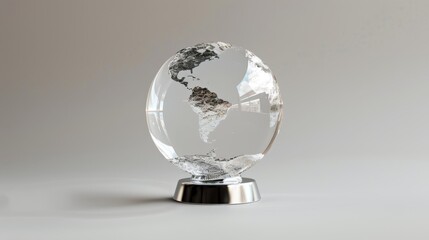 A crystal globe with a silver base, depicting the continents of the world.  A symbol of global connection and unity.