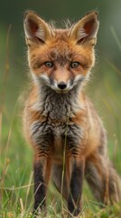 Fototapeta premium A young fox stands in a field of green grass
