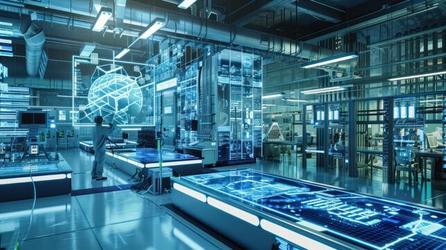 high-tech energy research lab where scientists use digital simulations to develop sustainable energy solutions