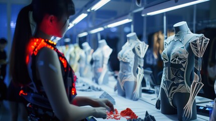 high-tech fashion design workshop where garments are crafted using 3D printing and smart textiles with embedded sensors