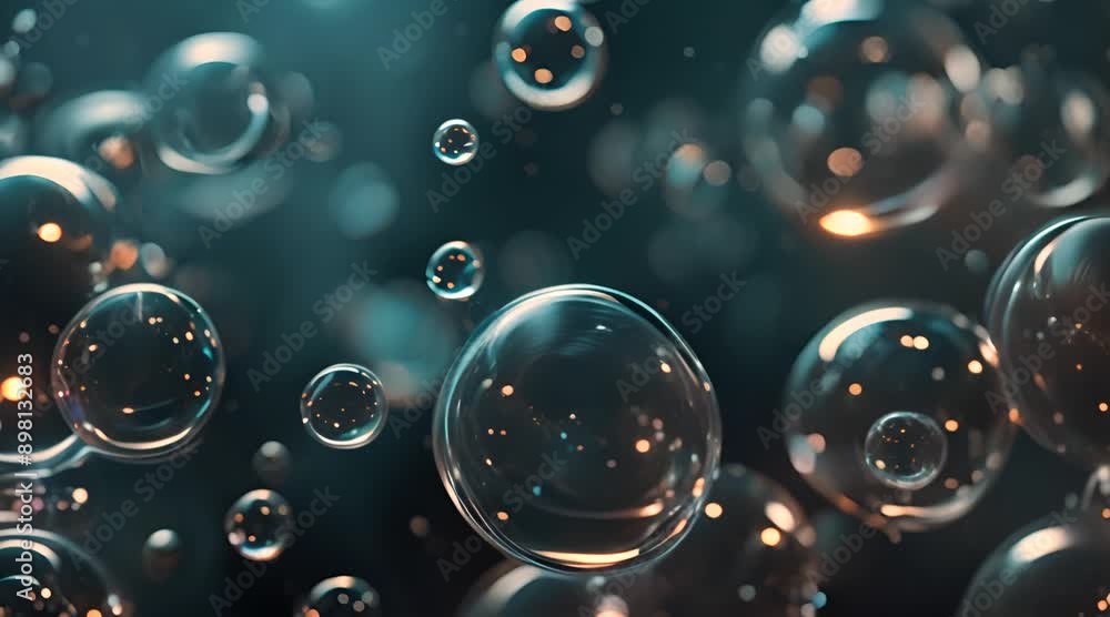 Poster Neon kaleidoscope of soap bubbles, a spectrum of color and light for festive themes and design projects with soap flying bubbles.