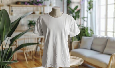 Gildan unisex oversized T-shirt mockup in cozy living room with natural light and plants, showcasing detailed fabric textures and comfortable setting